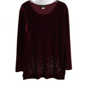 Korica Dark Red Glitter Floral Velour Velvet Split Side Top Women's L Vintage